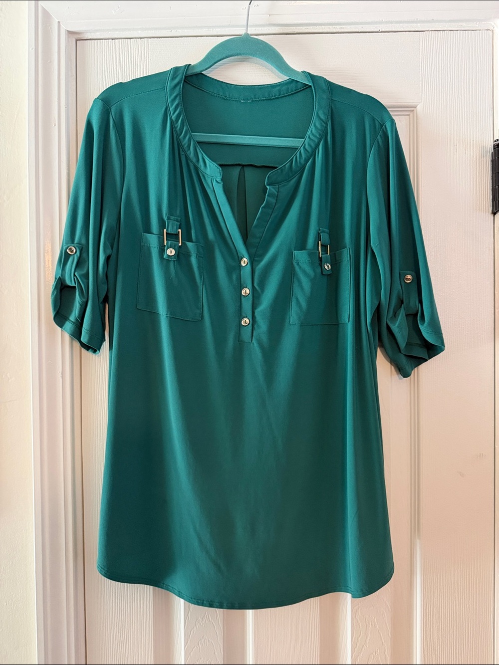 PerSeption Concept Emerald Green Split-Neck Roll-Tab Tunic